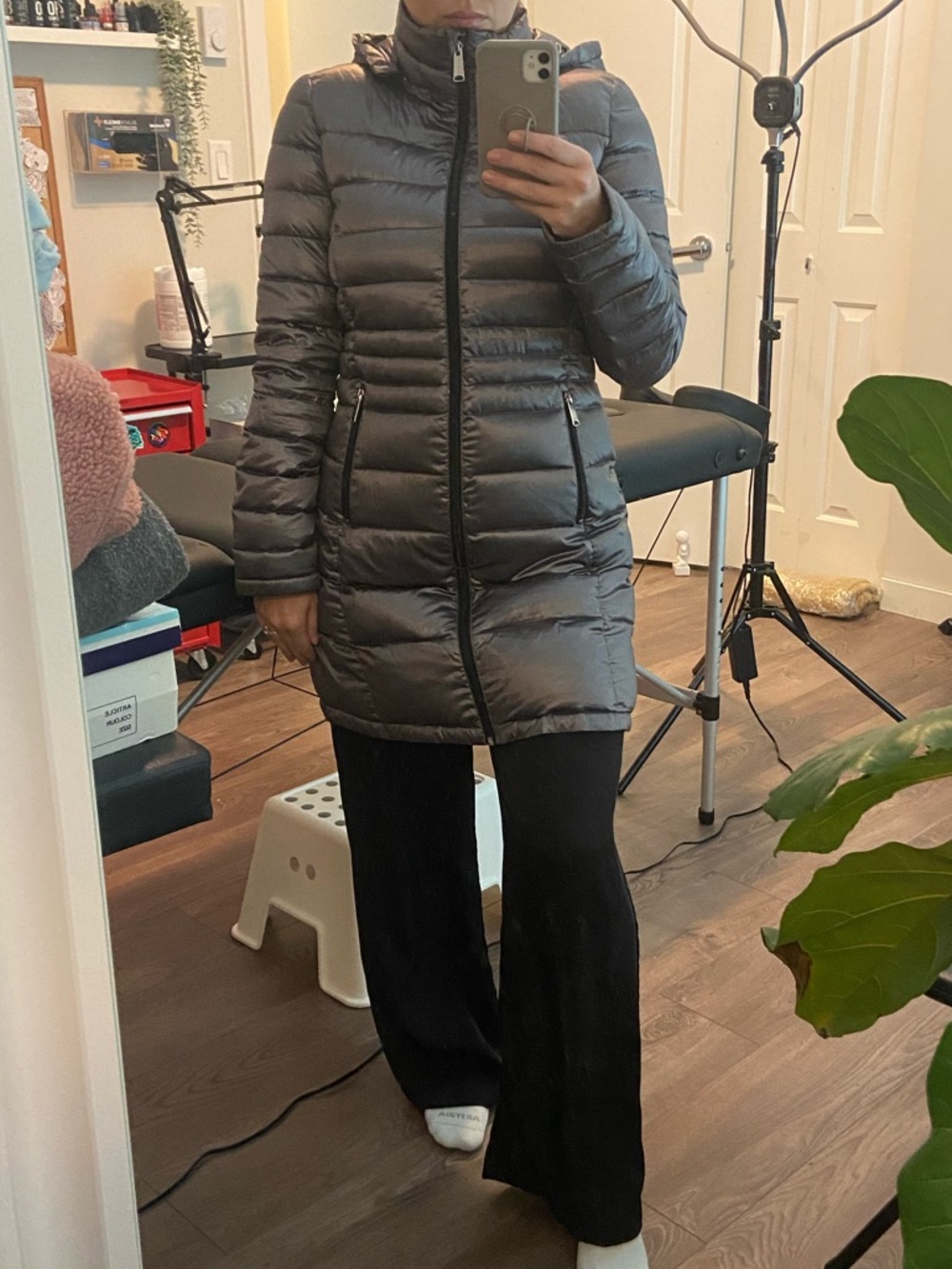 Long Andrew Marc Down Puffer Coat in Metallic Gray